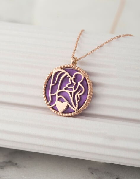 925 Ayar Gümüş Mor Sedef Taşlı Bir Kalpte İki Can Kolyesi