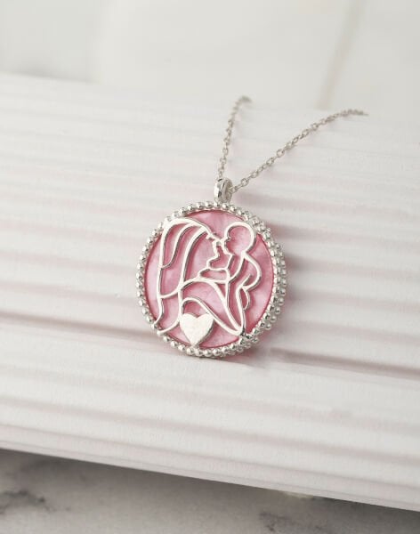 925 Ayar Gümüş Pembe Sedef Taşlı Bir Kalpte İki Can Kolyesi