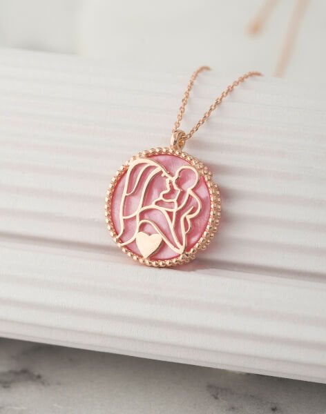 925 Ayar Gümüş Pembe Sedef Taşlı Bir Kalpte İki Can Kolyesi