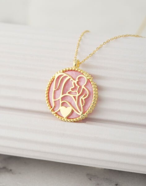 925 Ayar Gümüş Pembe Sedef Taşlı Bir Kalpte İki Can Kolyesi