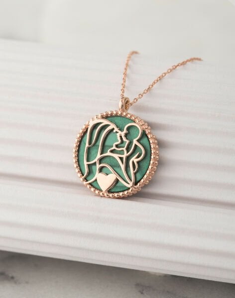 925 Ayar Gümüş Yeşil Sedef Taşlı Bir Kalpte İki Can Kolyesi