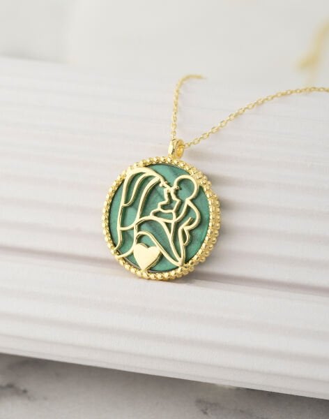 925 Ayar Gümüş Yeşil Sedef Taşlı Bir Kalpte İki Can Kolyesi