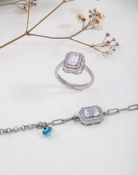 Çift Sıra Baget Taşlı Bileklik Yüzük Kombin