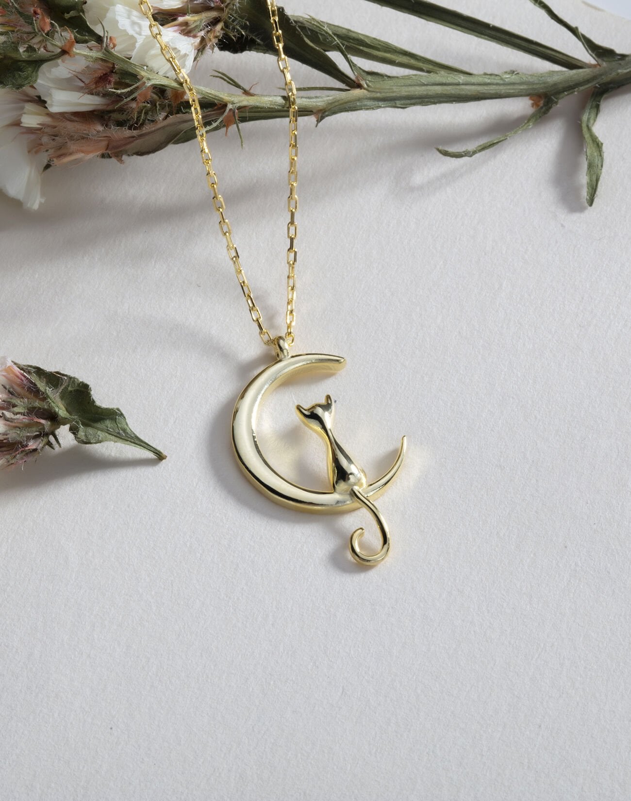 925 Ayar Moon Cat Gümüş Kolye 14 Ayar Altın Kaplama