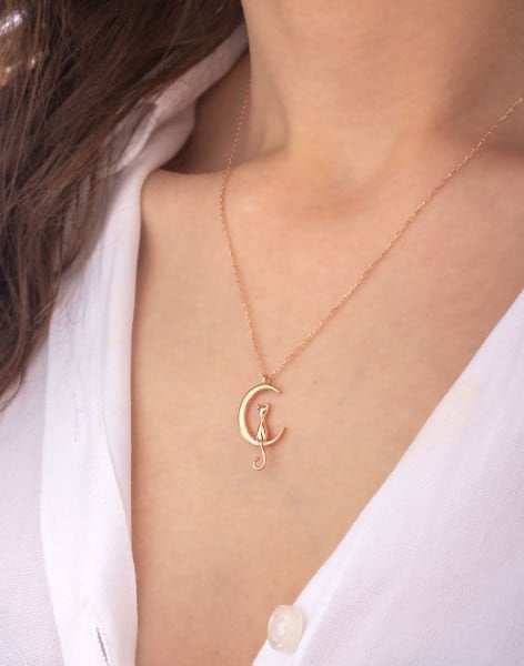 925 Ayar Moon Cat Gümüş Kolye Rose Kaplama