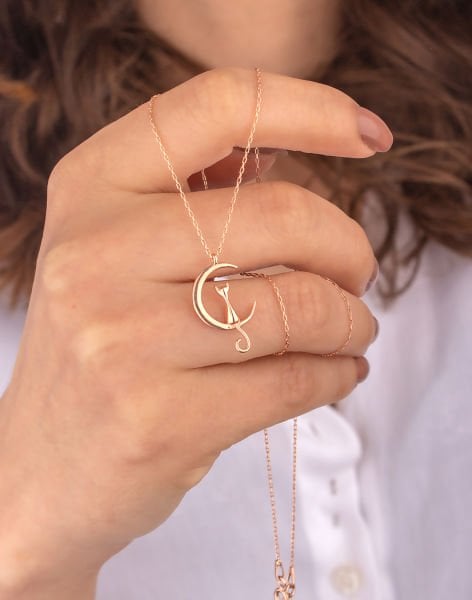 925 Ayar Moon Cat Gümüş Kolye Rose Kaplama