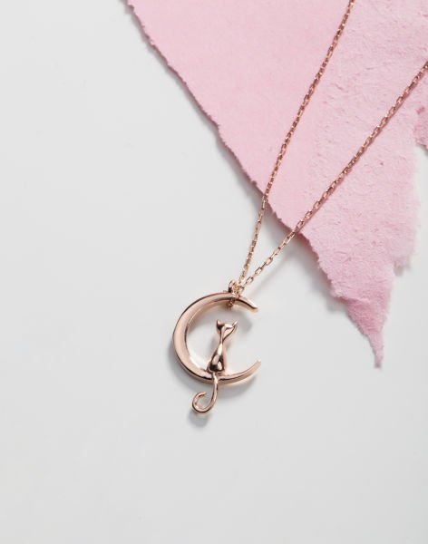 925 Ayar Moon Cat Gümüş Kolye Rose Kaplama