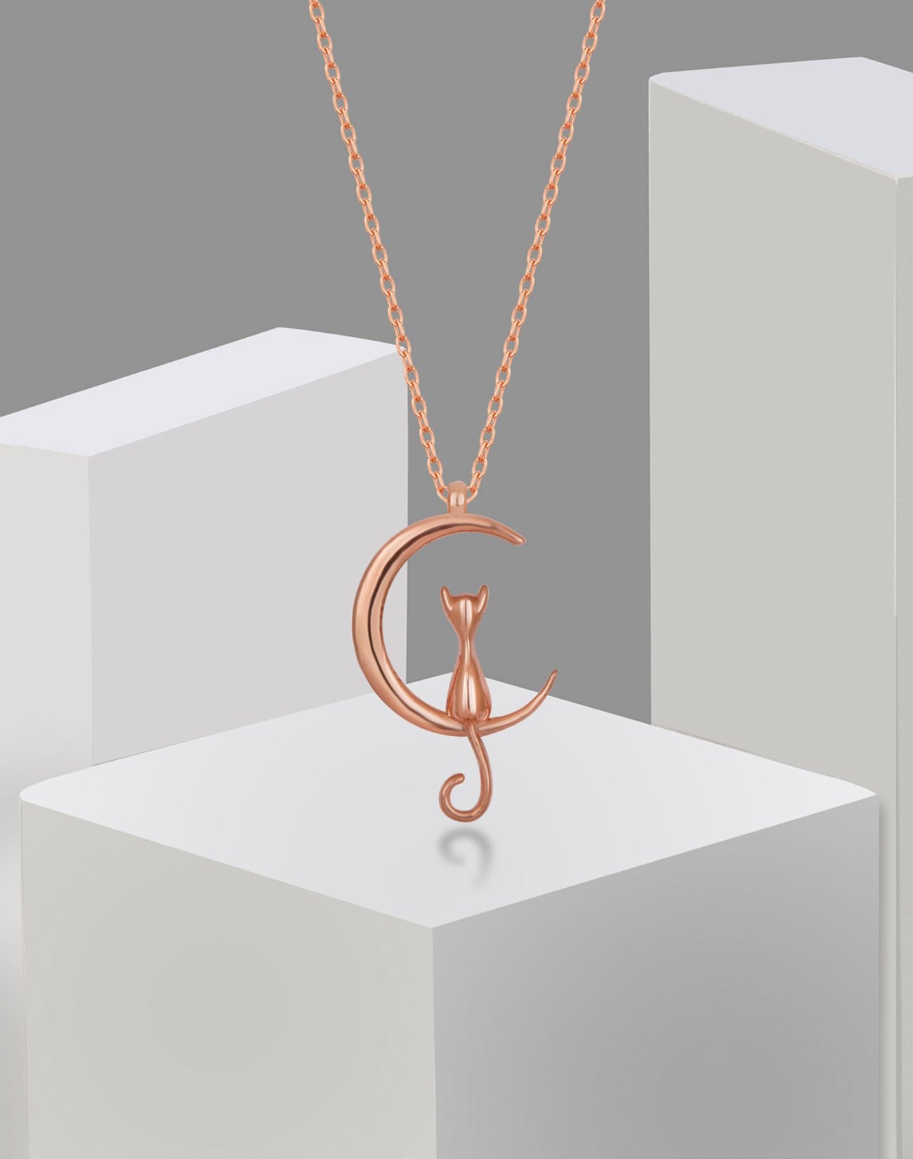 925 Ayar Moon Cat Gümüş Kolye Rose Kaplama