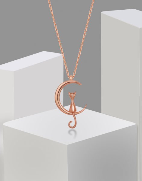 925 Ayar Moon Cat Gümüş Kolye Rose Kaplama