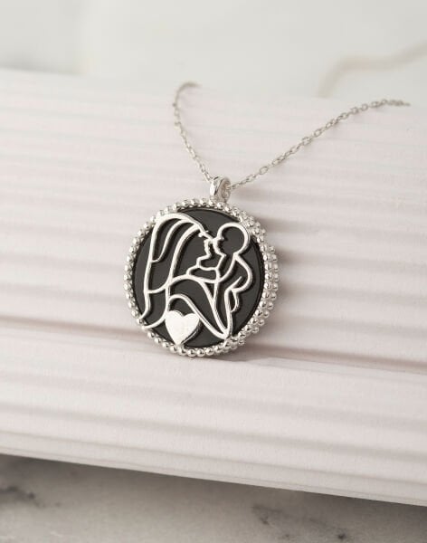 925 Ayar Gümüş Siyah Sedef Taşlı Bir Kalpte İki Can Kolyesi