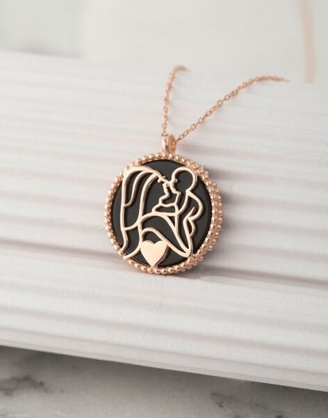 925 Ayar Gümüş Siyah Sedef Taşlı Bir Kalpte İki Can Kolyesi