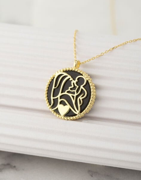 925 Ayar Gümüş Siyah Sedef Taşlı Bir Kalpte İki Can Kolyesi