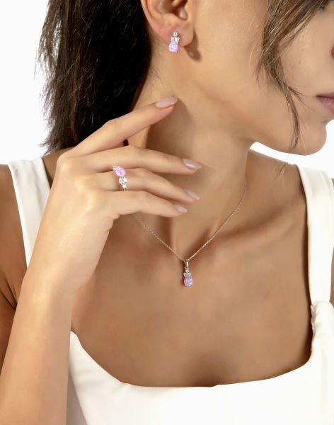 925 Ayar Pembe Opal Taşlı Gümüş Takı seti
