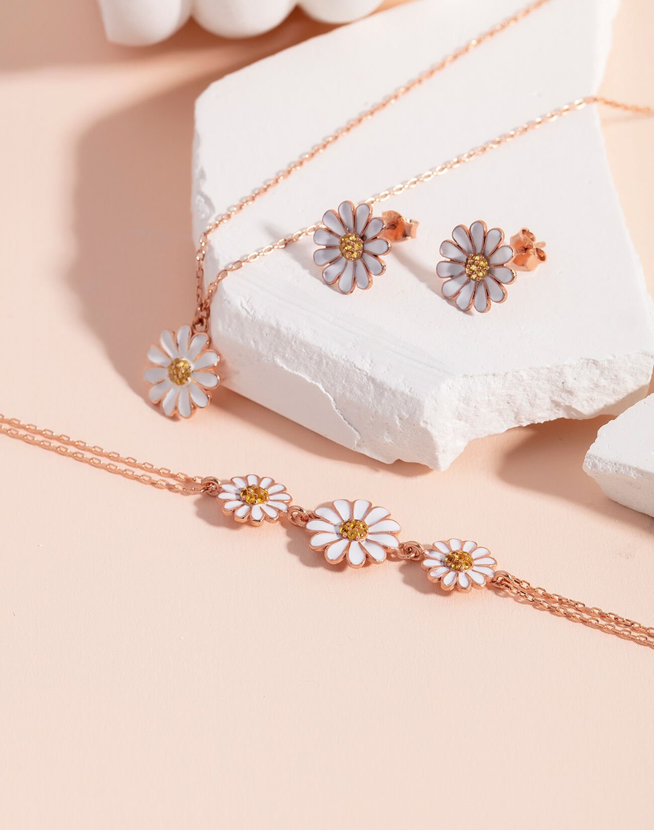 925 Ayar Gümüş Mineli Papatya 3'lü Takı Seti