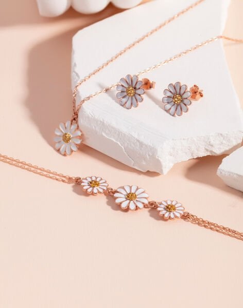 925 Ayar Gümüş Mineli Papatya 3'lü Takı Seti