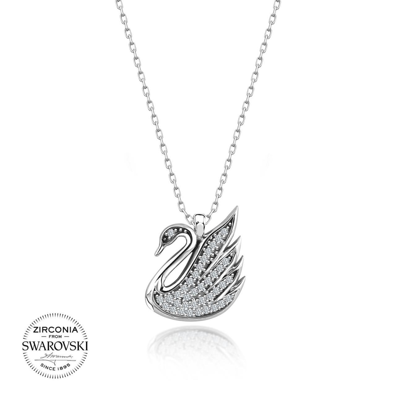 Swarovski Taşlı Gümüş Kuğu Kolye