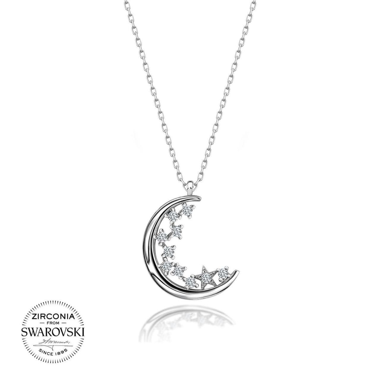 Swarovski Taşlı Gümüş Ay Yıldız Kolye