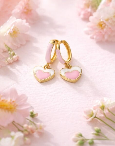 925 Ayar Gümüş Mineli Pamuk Kalp Çocuk Küpesi