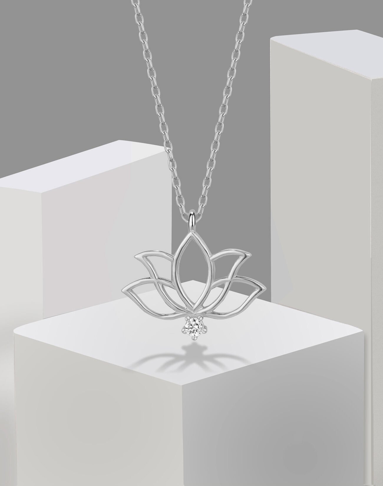 Tek Taşlı Gümüş Lotus Çiçeği Kolye Rodyum Kaplama