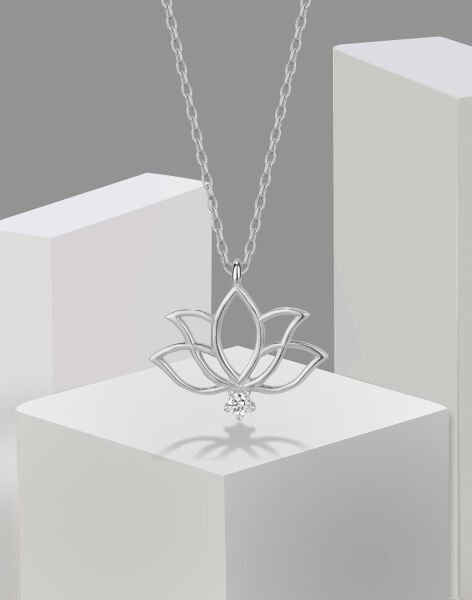 Tek Taşlı Gümüş Lotus Çiçeği Kolye Rodyum Kaplama