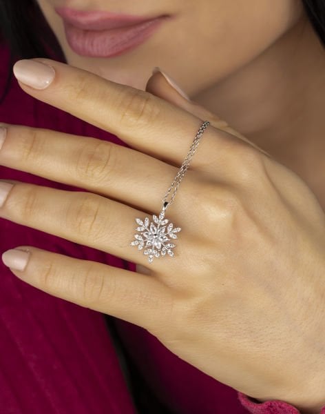 Markiz Taşlı Kar Tanesi Gümüş Kolye Rodyum Kaplama