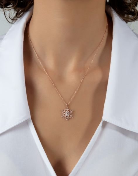 Markiz Taşlı Kar Tanesi Gümüş Kolye Rose Kaplama