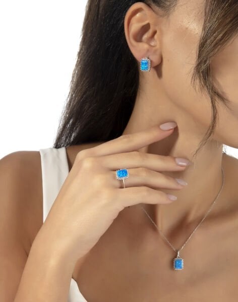 925 Ayar Mavi Opal Taşlı Baget Gümüş Takı Seti