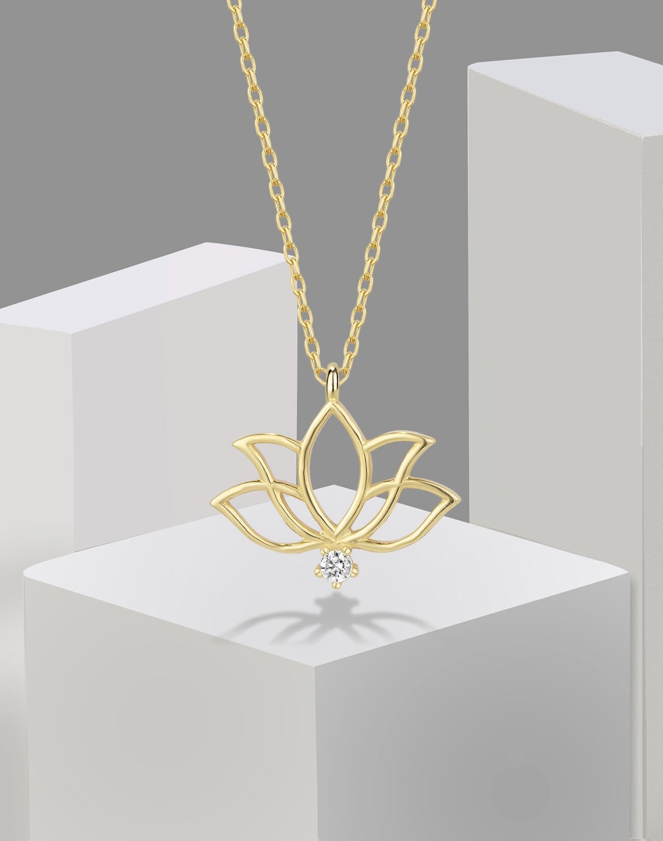 Tek Taşlı Gümüş Lotus Çiçeği Kolye 14 Ayar Altın Kaplama