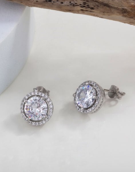 Pırlanta Modeli Çivili Tek Taş Gümüş Küpe