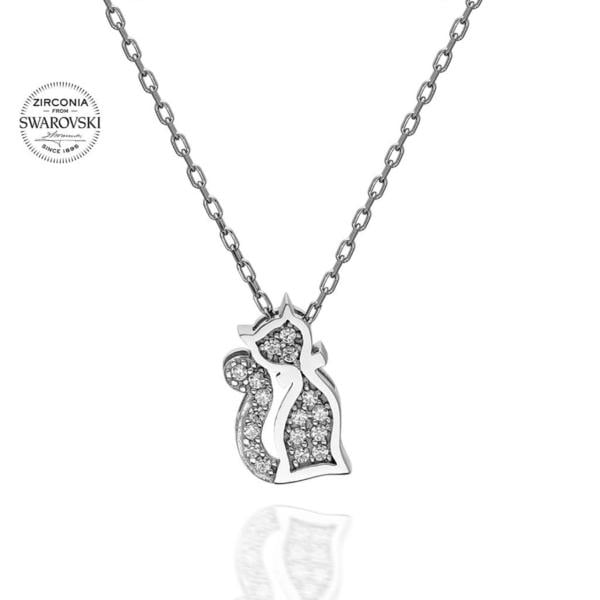 Swarovski Taşlı Kedi Gümüş Kolye