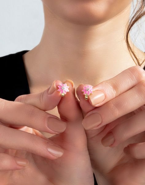 Pembe Mineli Mutluluk Çiçeği Gümüş Çocuk Küpesi