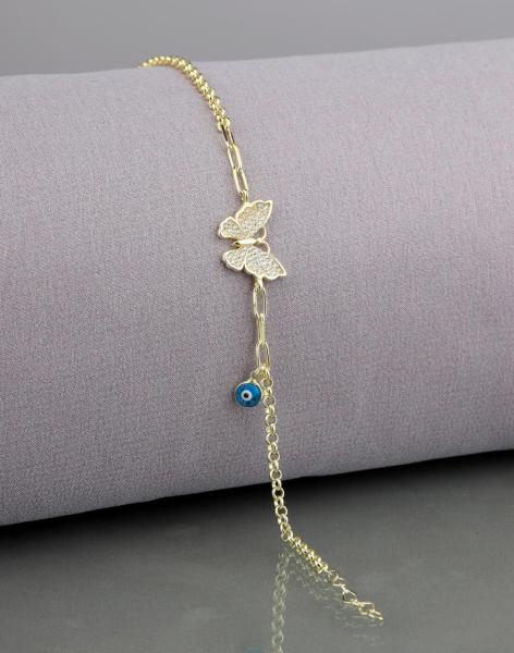 Nazar Sallantılı Taşlı Kelebek Gümüş Bileklik