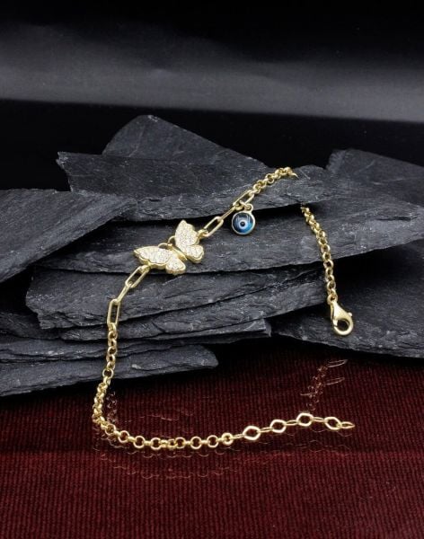 Nazar Sallantılı Taşlı Kelebek Gümüş Bileklik