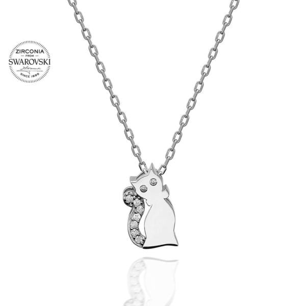 Swarovski Taşlı Kedicik Gümüş Kolye