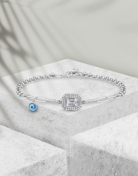 Nazar Sallantılı Baget Taşlı Gümüş Bileklik