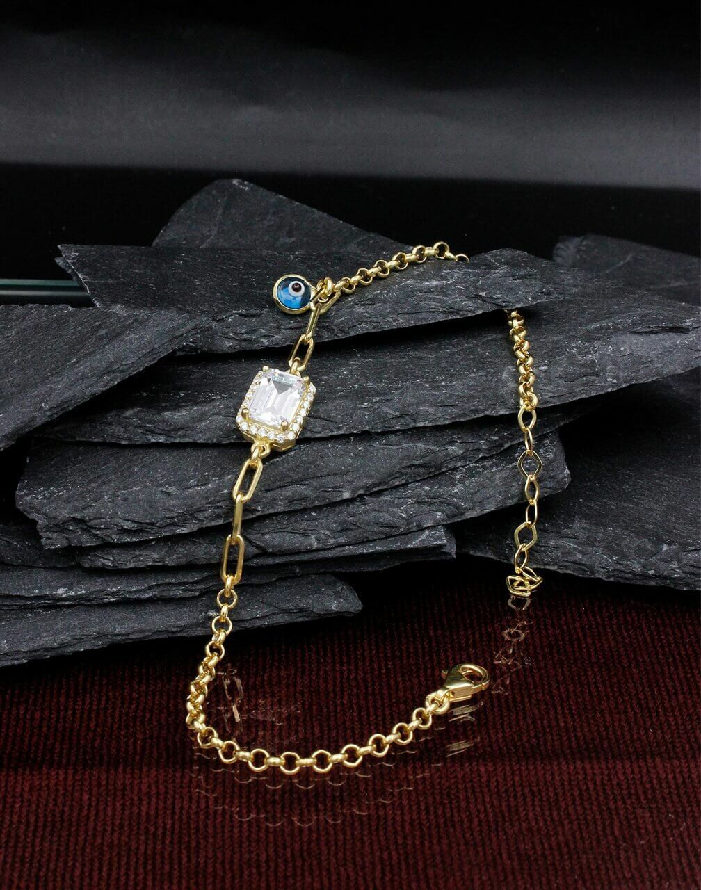 Nazar Sallantılı Zarif Baget Taşlı Gümüş Bileklik