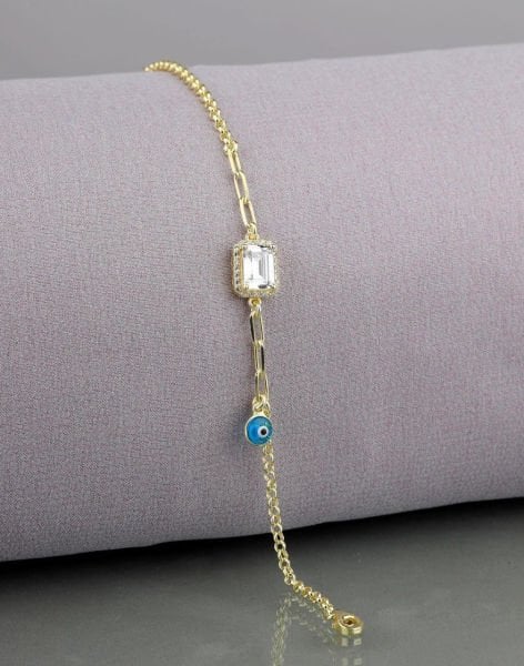 Nazar Sallantılı Zarif Baget Taşlı Gümüş Bileklik