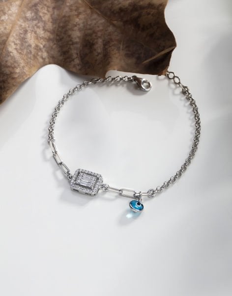 Nazar Sallantılı Trapez Taşlı Gümüş Bileklik