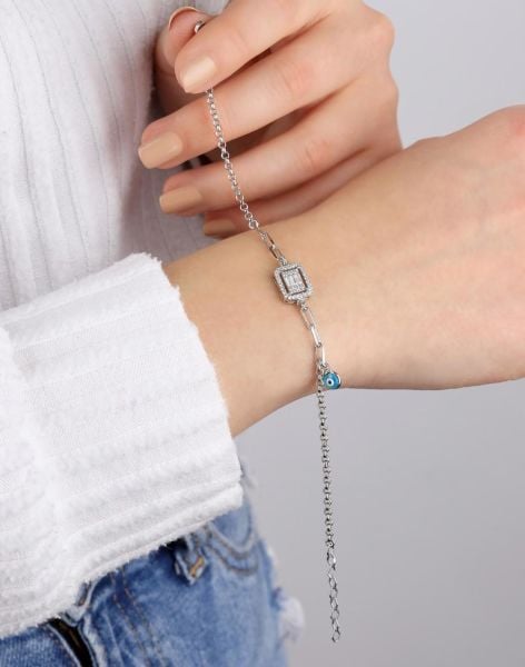 Nazar Sallantılı Trapez Taşlı Gümüş Bileklik