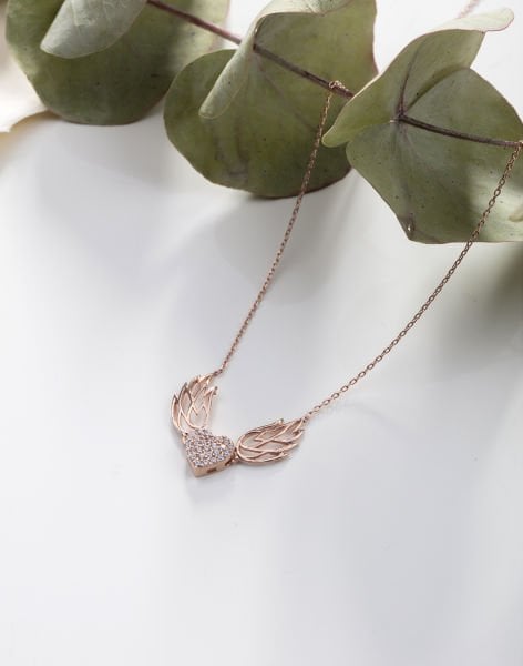 925 Ayar Gümüş Melek Kanatlı Kalp Kolye