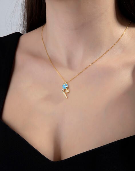 Opal Taşlı Gümüş Satürn Kolye MAVİ