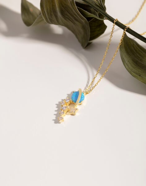 Opal Taşlı Gümüş Satürn Kolye MAVİ