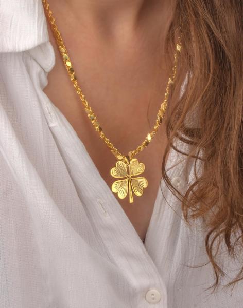 925 Ayar Gümüş Pullu Zincirli Kalemli Yonca Kolye