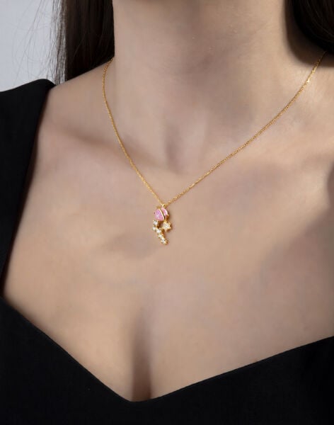Opal Taşlı Gümüş Satürn Kolye PEMBE