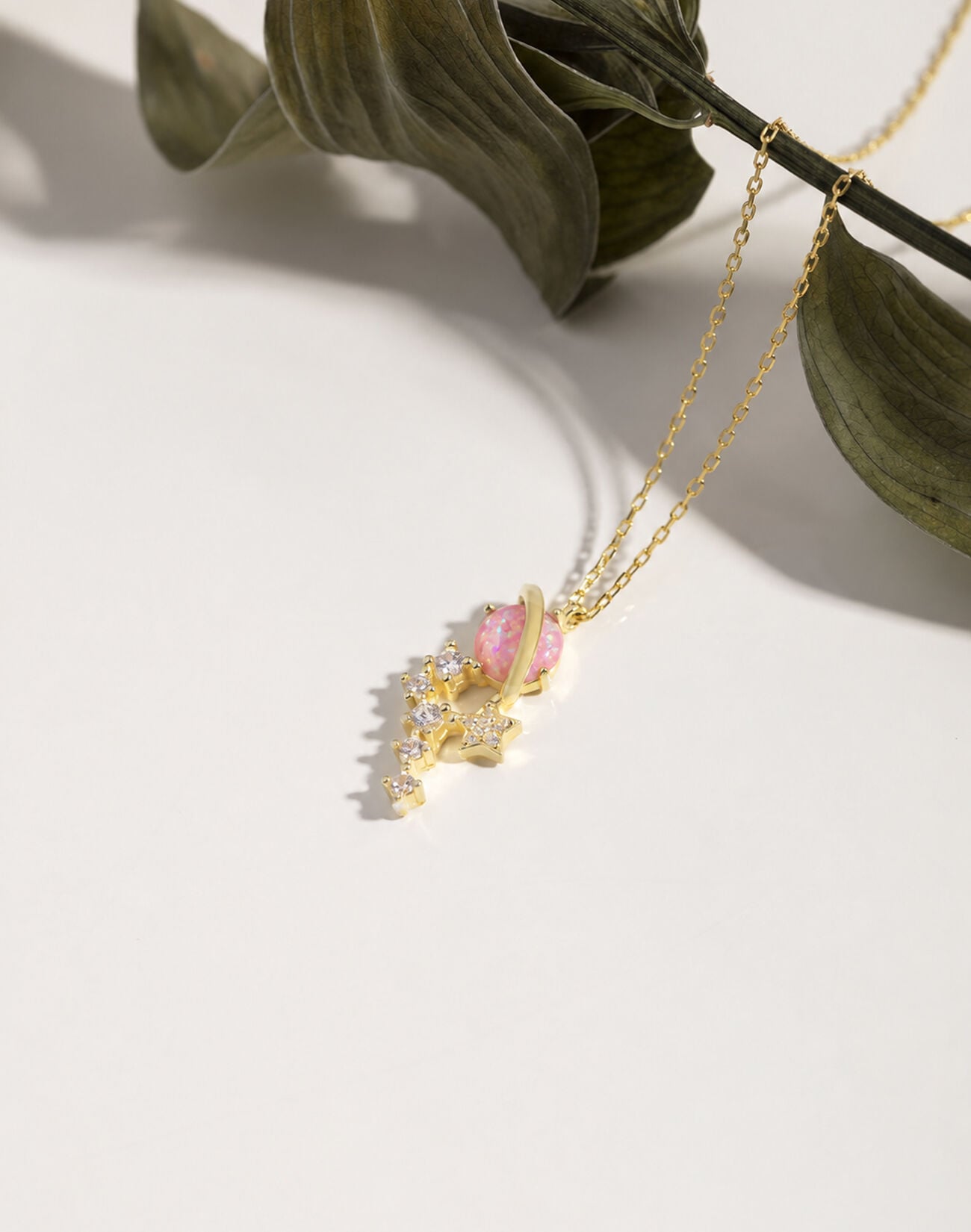 Opal Taşlı Gümüş Satürn Kolye PEMBE