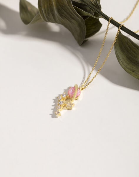 Opal Taşlı Gümüş Satürn Kolye PEMBE