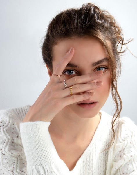 Özel Tasarım Zincir Modeli Gümüş Yüzük 19 - Rose Kaplama