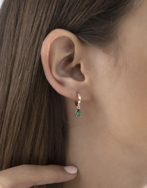 Zümrüt Renk Damla Tek Taşlı Gümüş Halka Küpe