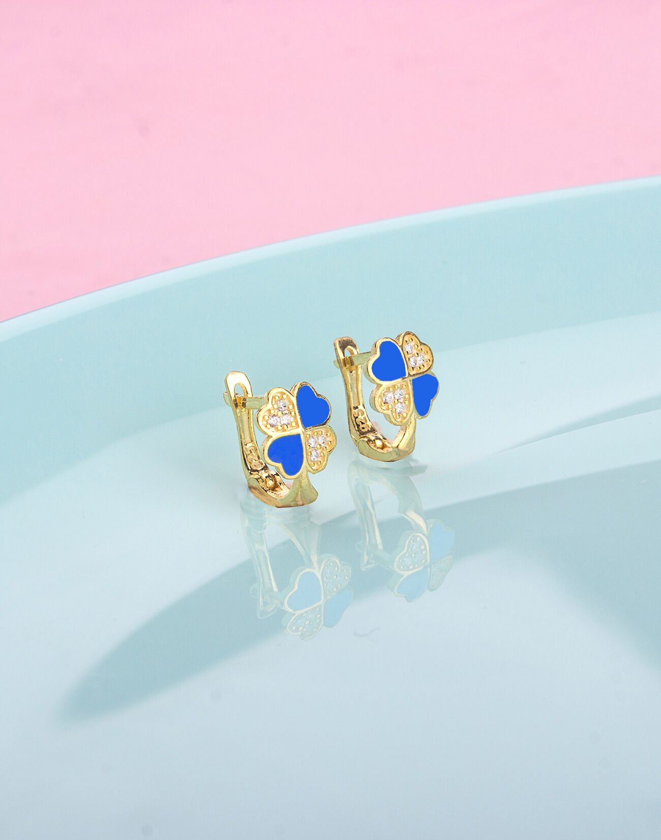 925 Ayar Gümüş Taşlı Mineli Yonca Çocuk Küpesi 14 Ayar Altın Kaplama