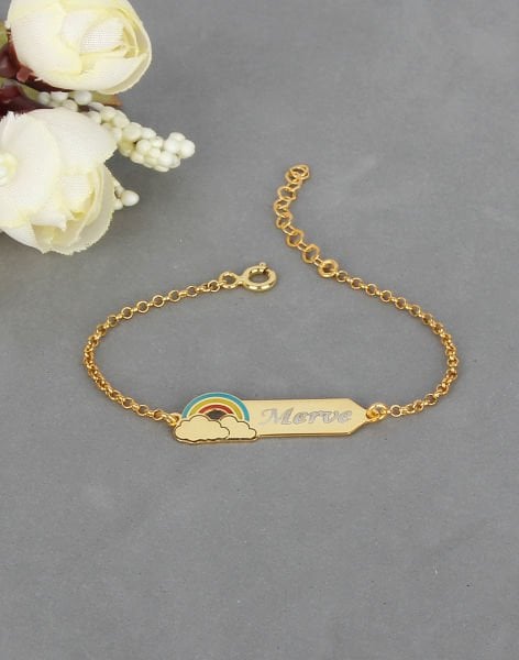 925 Ayar Gümüş Gökkuşağı Tasarımlı İsimli Çocuk Bileklik